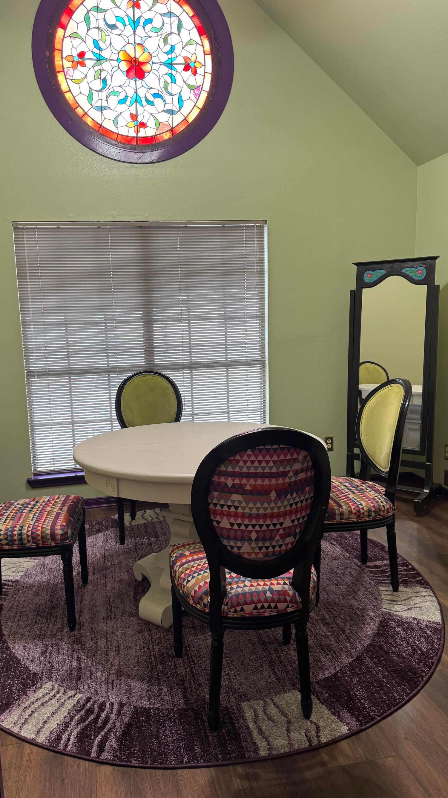 meeting room with stained glass window